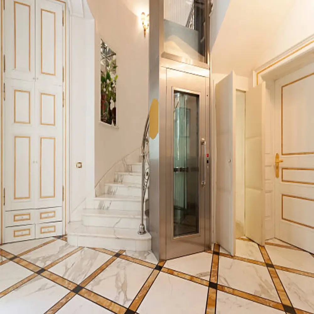 A luxurious interior with a marble floor, featuring a staircase and a modern elevator with its door open