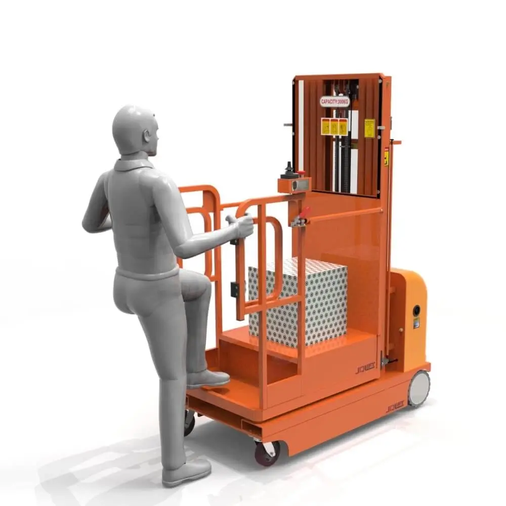 A person stepping onto a mobile elevated work platform with a box inside