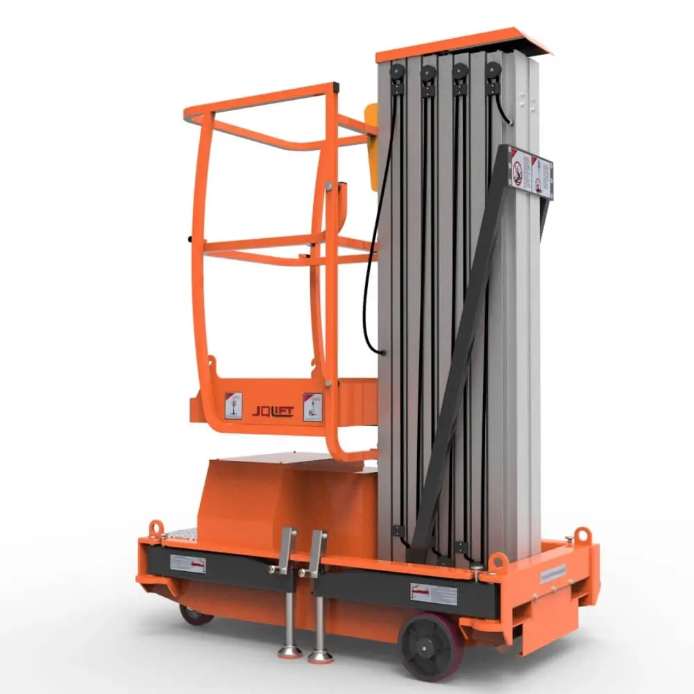 An orange vertical mast lift with a small guardrailed platform is shown folded in its compact transport position