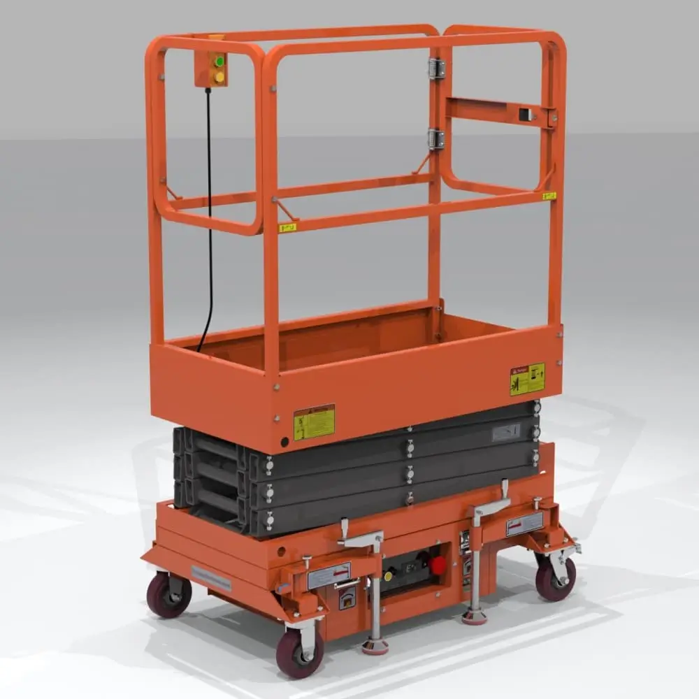 The image shows an orange scissor lift with a guardrailed platform, designed for lifting people or equipment to higher areas