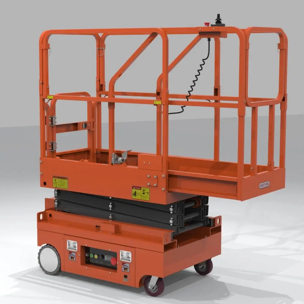 The image shows an orange scissor lift with a raised platform, designed for elevating workers or equipment