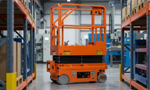 A compact orange mobile scissor lift positioned in an industrial warehouse aisle, with shelving and machinery in the background.