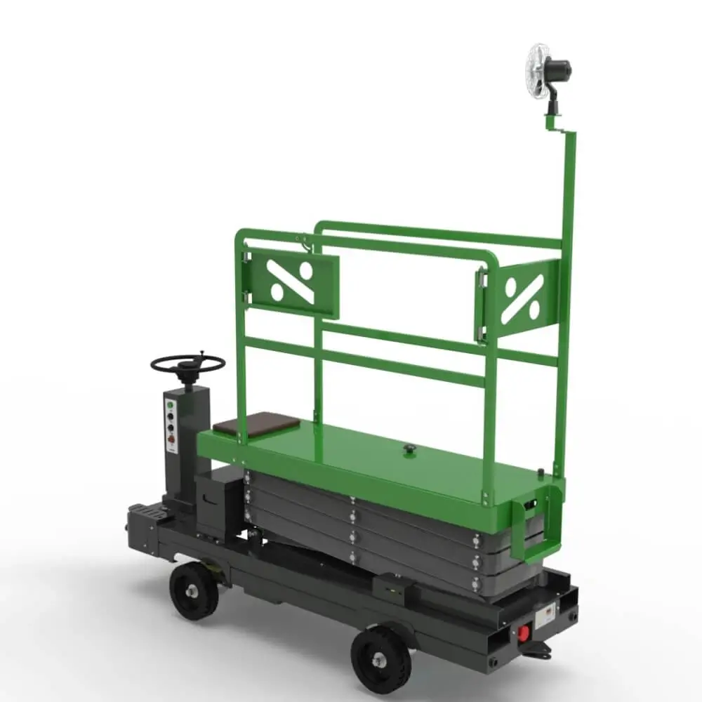 A green scissor lift with a control panel and fan