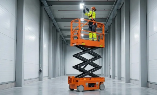 A worker on a mobile scissor lift in a warehouse, using the lift to change a light bulb at a high ceiling.