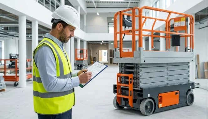 A worker performing an inspection with a clipboard next to a scissor lift.