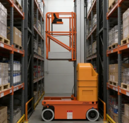 Compact vertical mast lift in a narrow warehouse aisle.