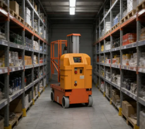 Compact vertical mast lift moving through narrow warehouse aisle.