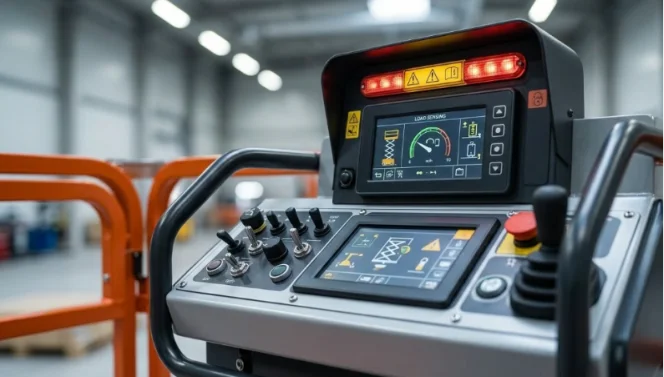 Control panel of an industrial lift with digital screens and controls.