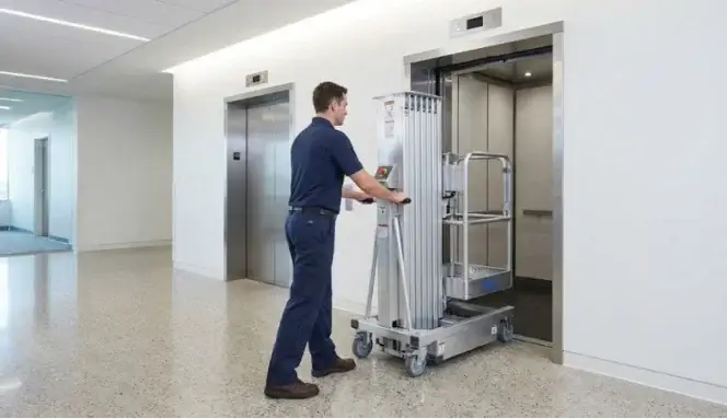 Man pushing a scissor lift into a modern office elevator.
