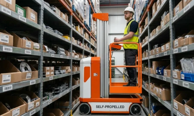 Operator maneuvers an orange self-propelled lift in a very narrow warehouse aisle.