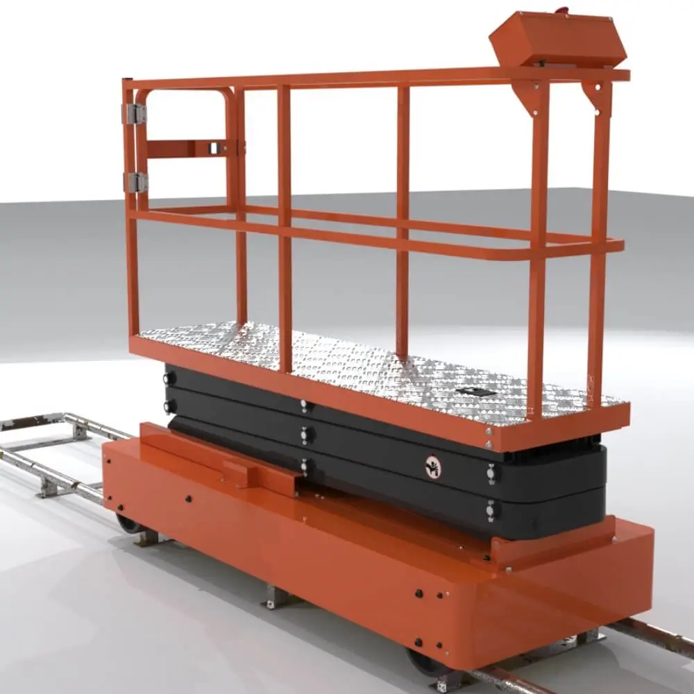 Orange scissor lift platform on rail-mounted base with safety rails and control box