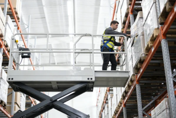 Scissor lift platform used for warehouse shelf access