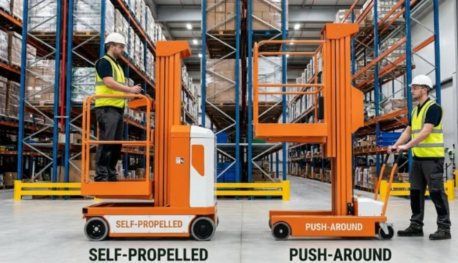 Side-by-side comparison of self-propelled and push-around orange mast lifts.