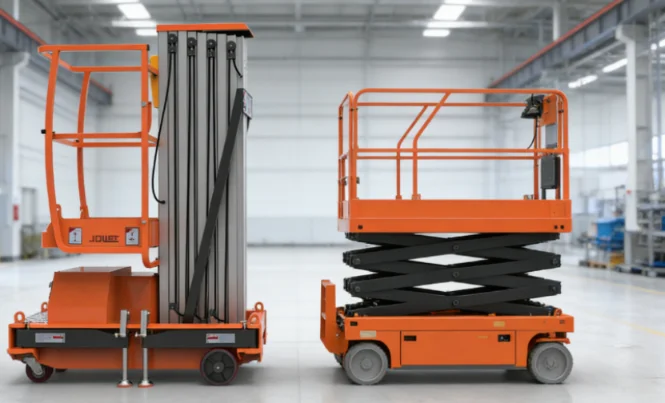Vertical mast lift and scissor lift side by side.