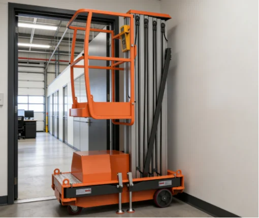 Vertical mast lift in a doorway.