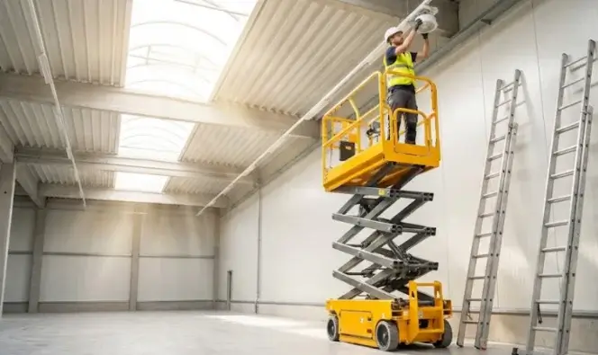 Worker on JQLIFT mini scissor lift next to ladders.