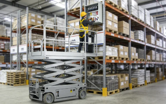 Worker on a scissor lift in a warehouse aisle
