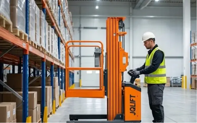 Worker operating a bright orange JQLIFT vertical mast lift in a warehouse.