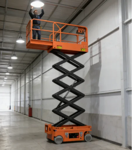 A worker fixing an overhead light from an extended orange scissor lift indoors.
