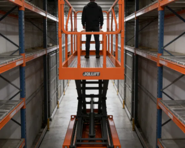 A worker on an elevated orange scissor lift in a warehouse aisle.