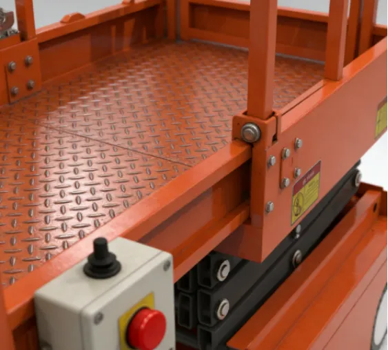 Close-up of an orange scissor lift platform and emergency stop control box.