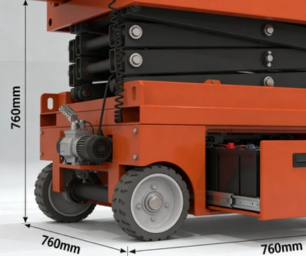 Close-up of scissor lift base showing 760mm dimensions and open battery drawer.