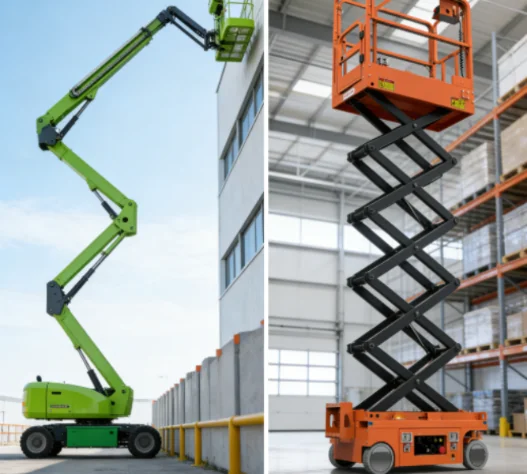 Extended boom lift outdoor, extended scissor lift indoor.