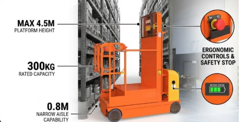 Infographic of JQLIFT high-level order picker with key feature specifications.