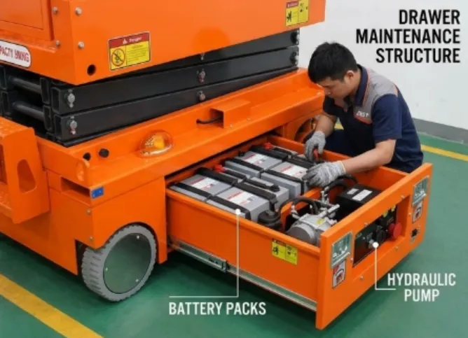 Pull-out drawer maintenance structure for JQLIFT small scissor lift.