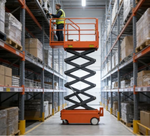 Technician on an extended orange scissor lift in a narrow warehouse aisle.