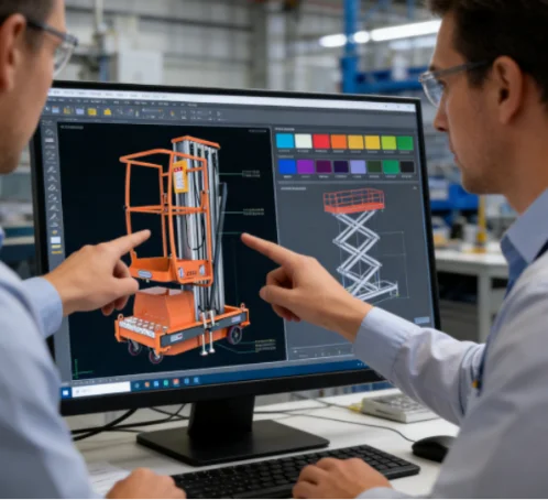 Two engineers examining a 3D CAD model of an orange personnel lift on a computer monitor.