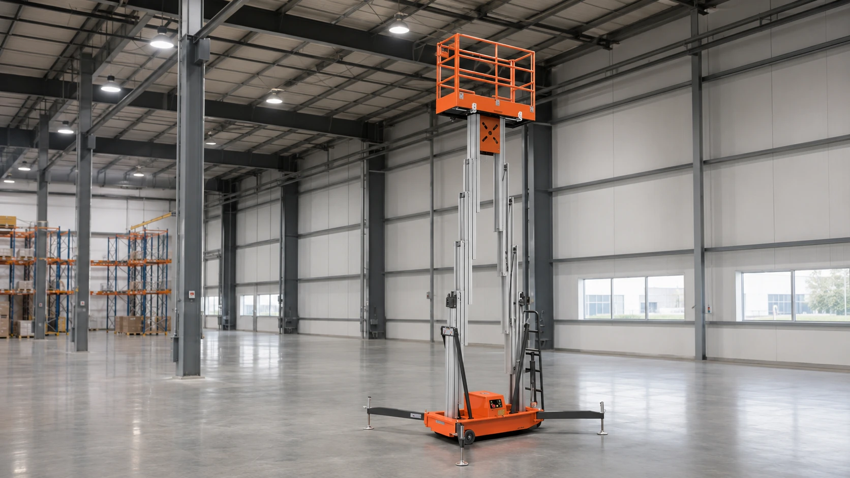 DL double mast aluminum vertical mast lift with outriggers deployed inside a high-ceiling warehouse