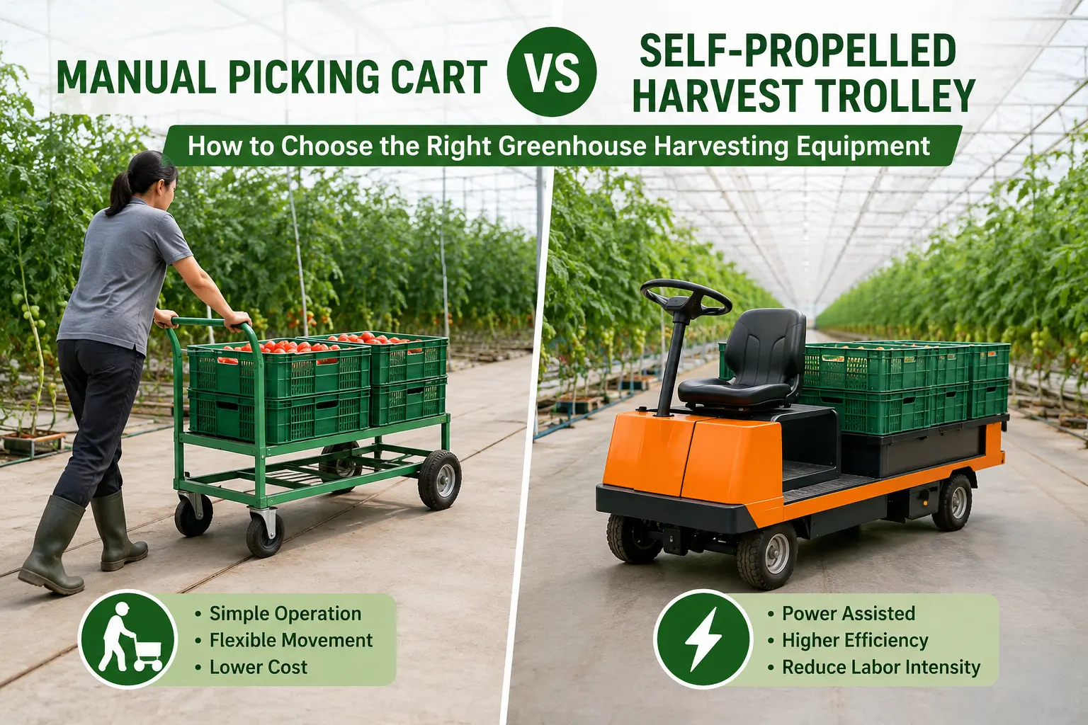 Manual Picking Cart vs Self-Propelled Harvest Trolley How to Choose Greenhouse Harvesting Equipment