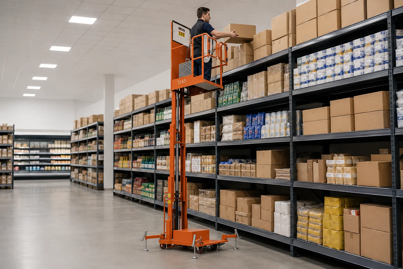 T3 semi-electric order picker replenishing upper supermarket shelves with outriggers deployed