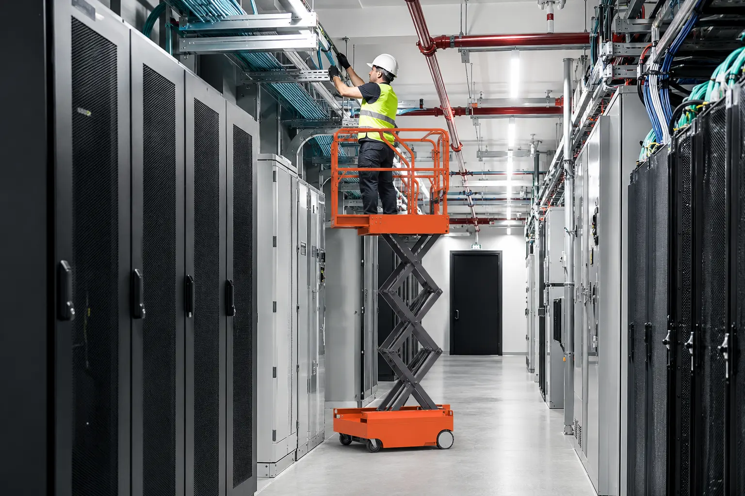 Compact mini scissor lift for data center cable tray installation in a narrow aisle
