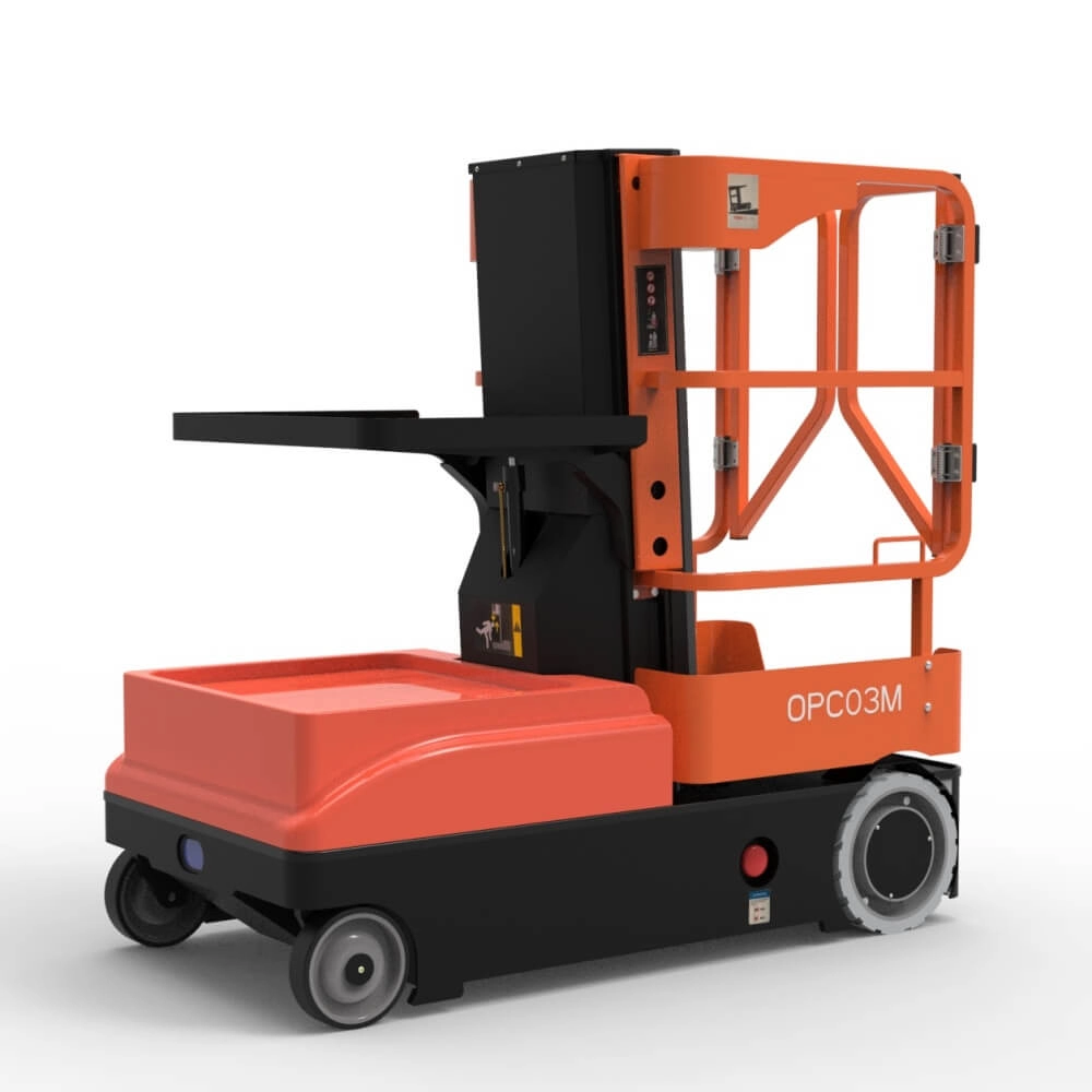 JQLIFT OPC compact electric aerial order picker with cargo platform for spare parts warehouse picking