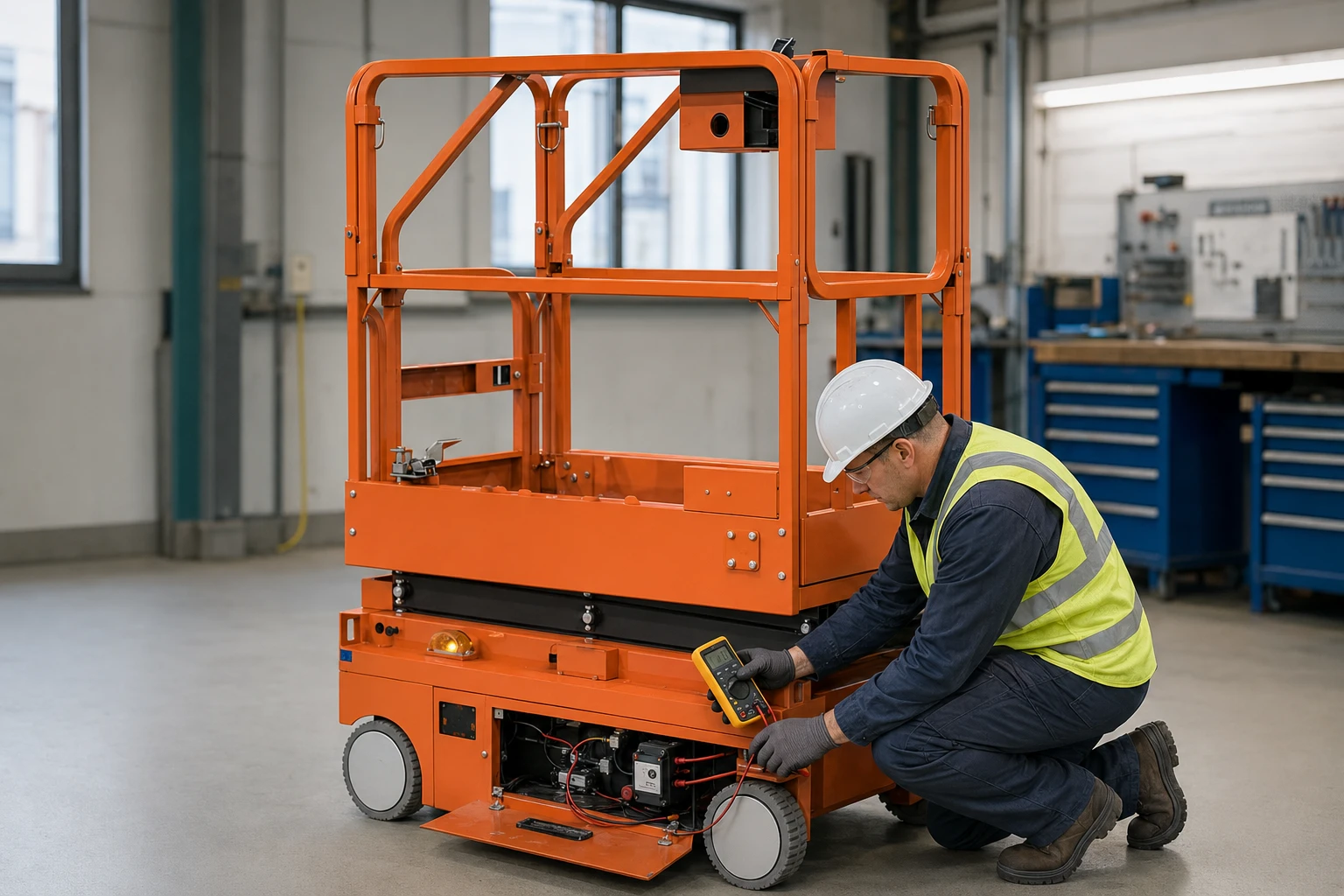 Technician testing a scissor lift tilt sensor with a digital multimeter