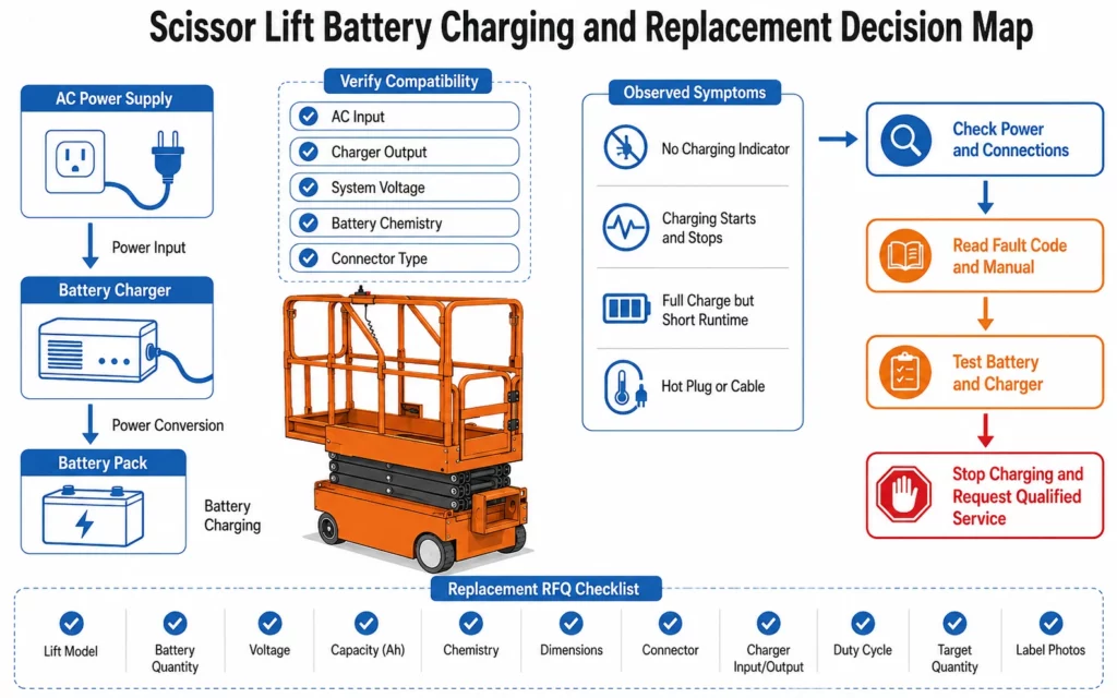 Scissor lift battery charging and replacement decision map